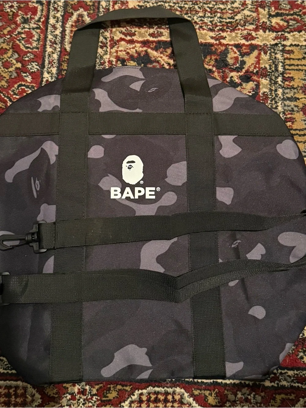 Bape Black Duffel Bag with Brown Ape Head and Yellow Face Details